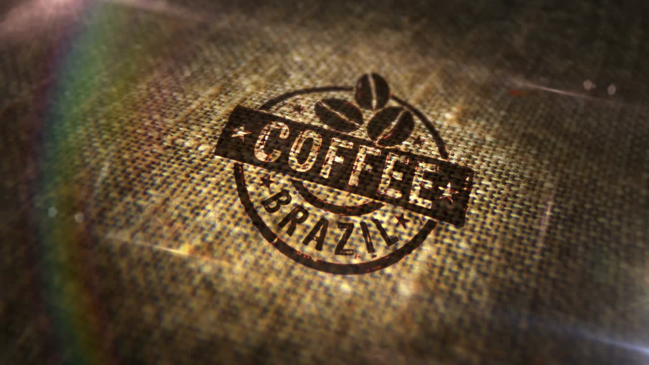 巴西咖啡标志印在亚麻麻袋环动画视频素材