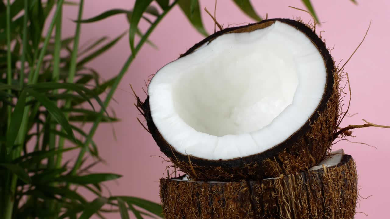 椰子螺母。多汁的成熟椰子被切开，椰子奶被倒在里面，粉红色的背景上有一棵绿色的棕榈树。视频素材