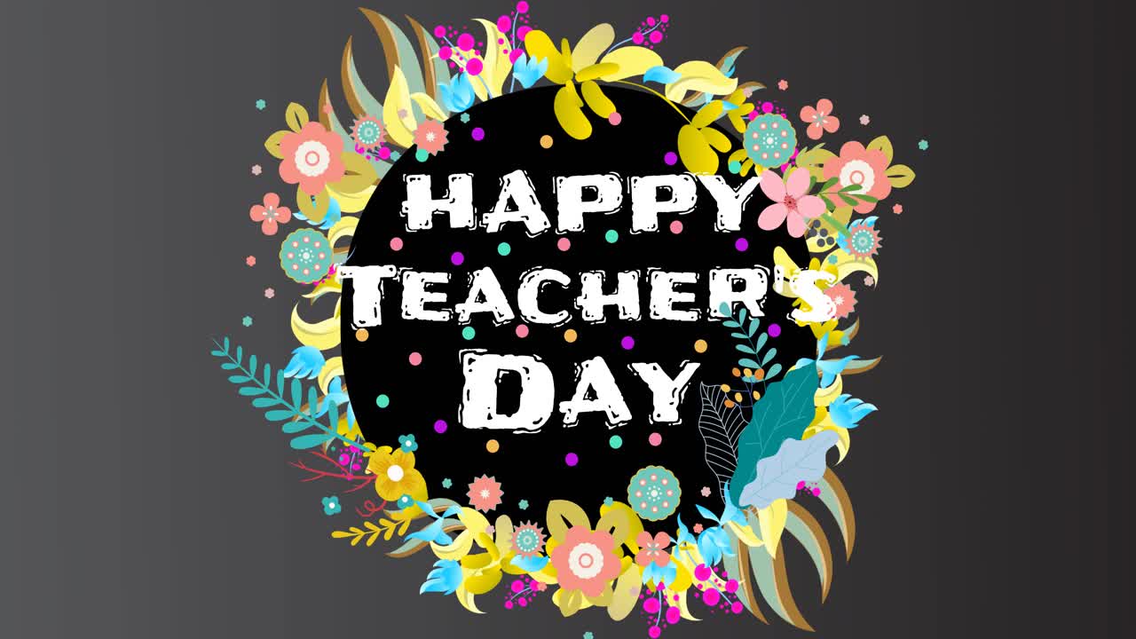 绿色背景上的花朵图标上的快乐教师节文本动画视频下载