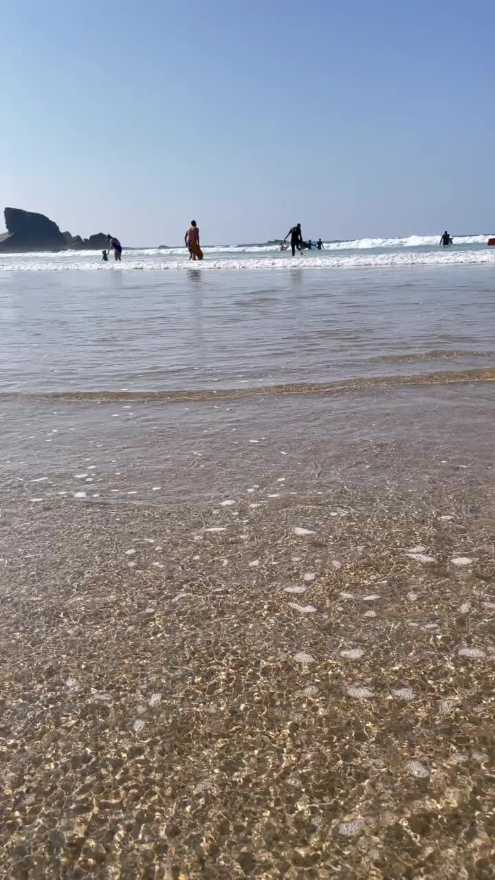 夏天在海里玩，人们带着冲浪板。广角垂直视频。视频下载