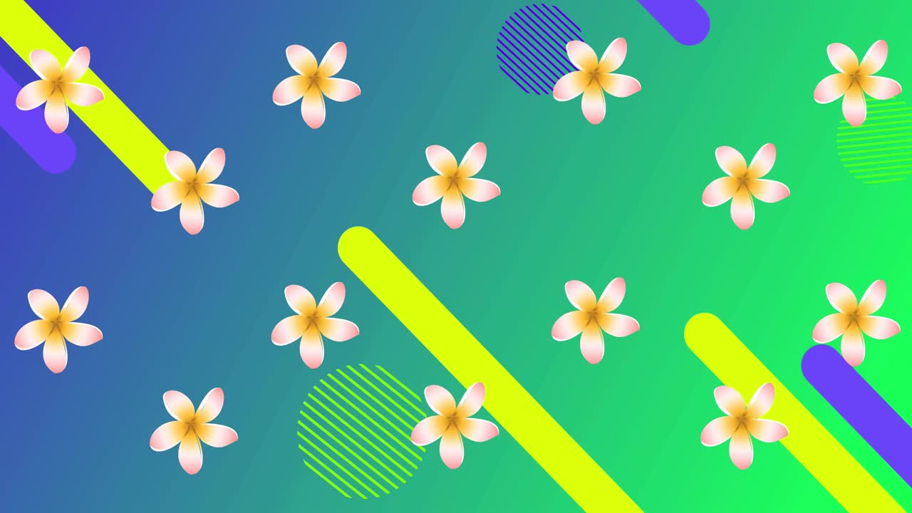 动画的黄色花朵旋转的形状上的绿色背景视频素材