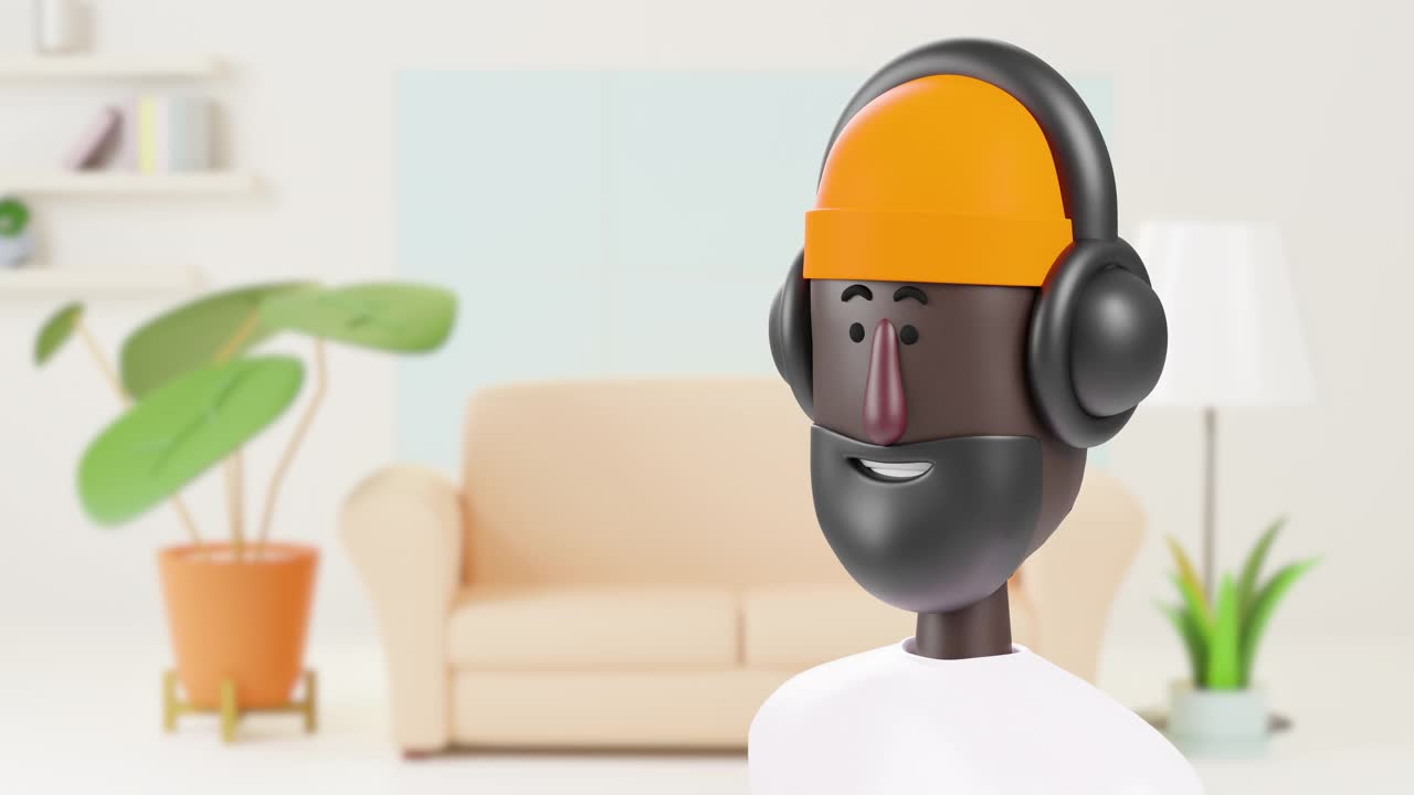 4k动画3d非洲，一个英俊的年轻人在家里用耳机听音乐。视频素材