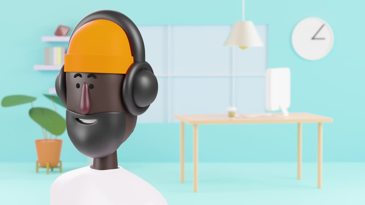 4k动画3d非洲，一个英俊的年轻人在家里用耳机听音乐。视频素材