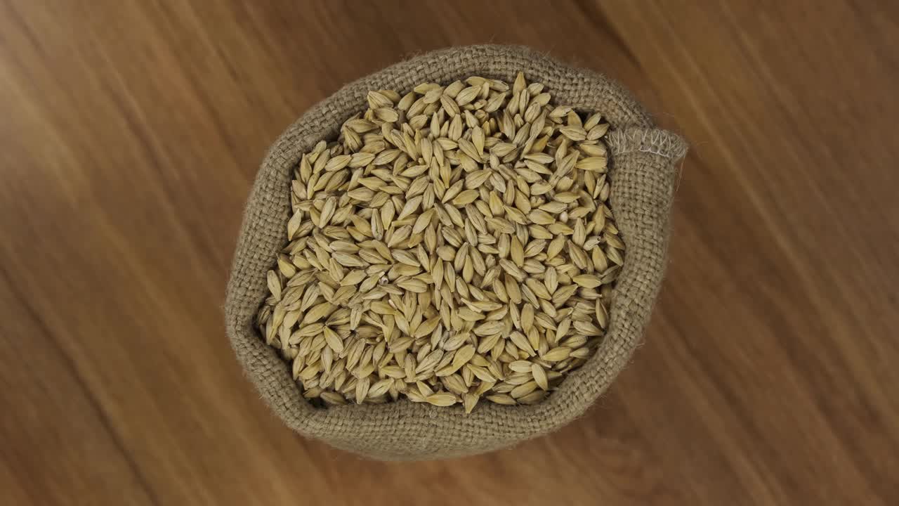 旋转一袋大麦种子。从以上观点。视频素材
