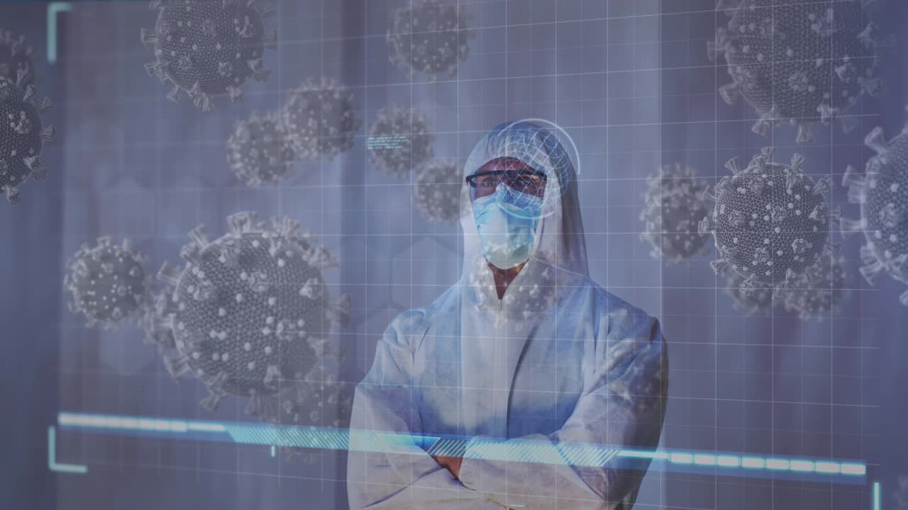 戴口罩的男医生的病毒细胞动画和数字接口视频下载
