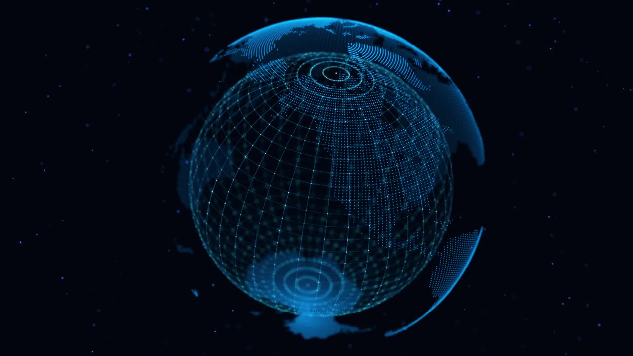 有地球技术背景。大数据可视化。社交网络。网络概念，网络传播。球体颗粒具有爆炸效果。3 d渲染。视频素材