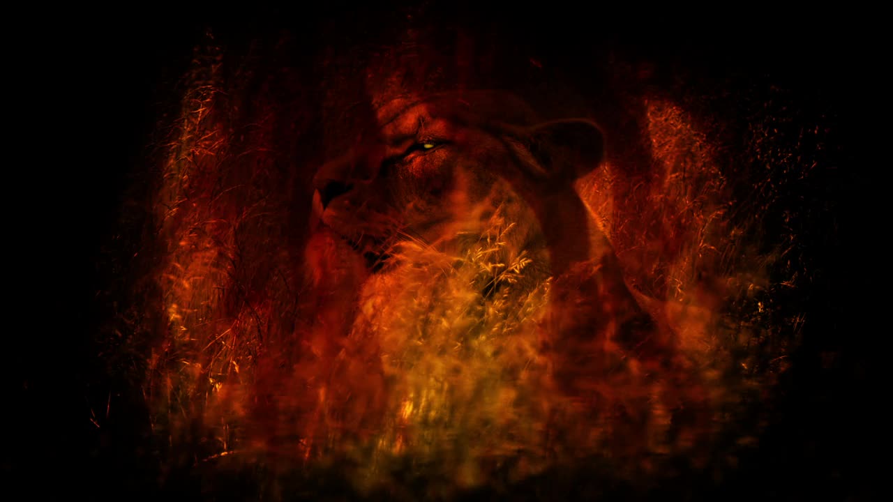 母狮在火中用发光的眼睛向上看视频素材