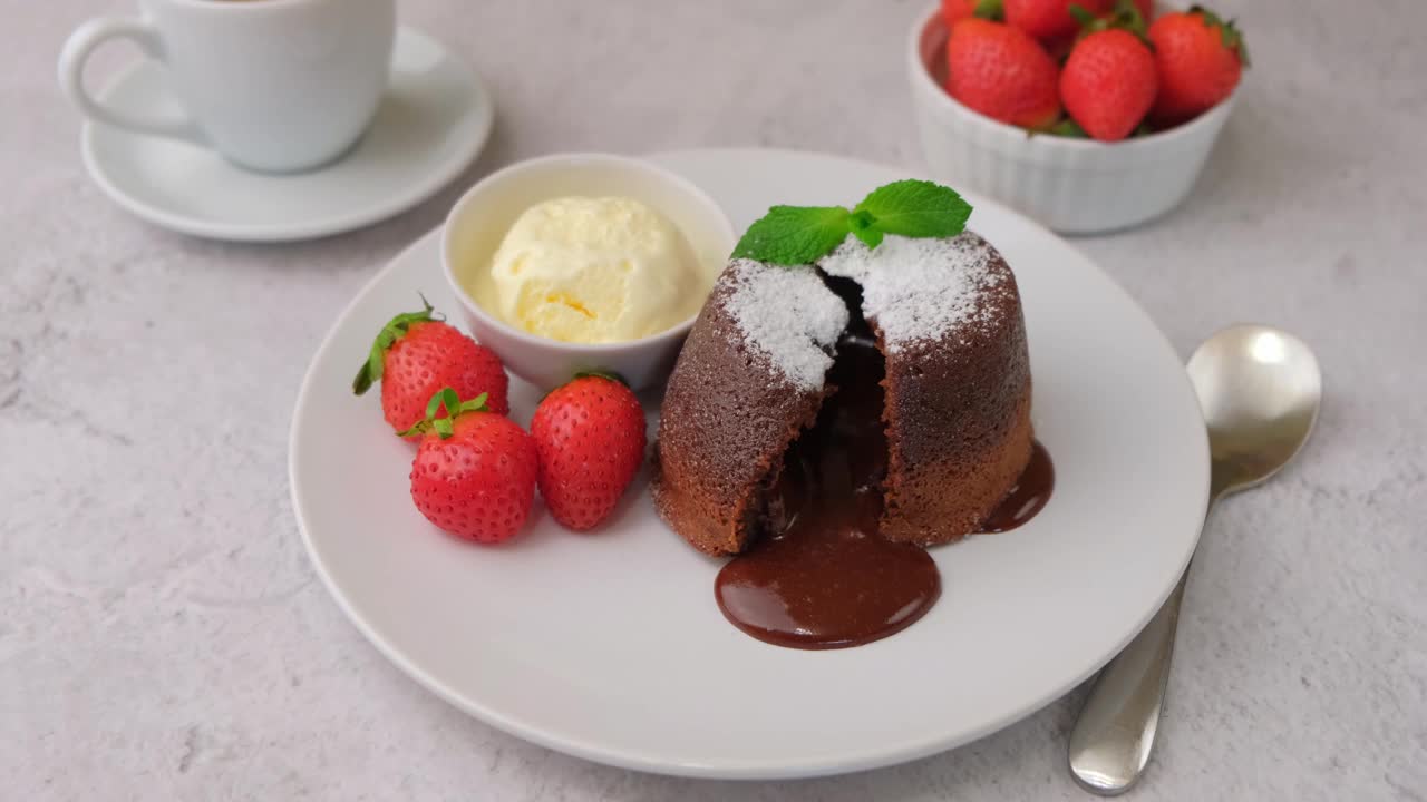 熔岩蛋糕是一种巧克力蛋糕，里面有香草冰淇淋、草莓、薄荷和咖啡。传统的法国糕点。女人的削减视频素材
