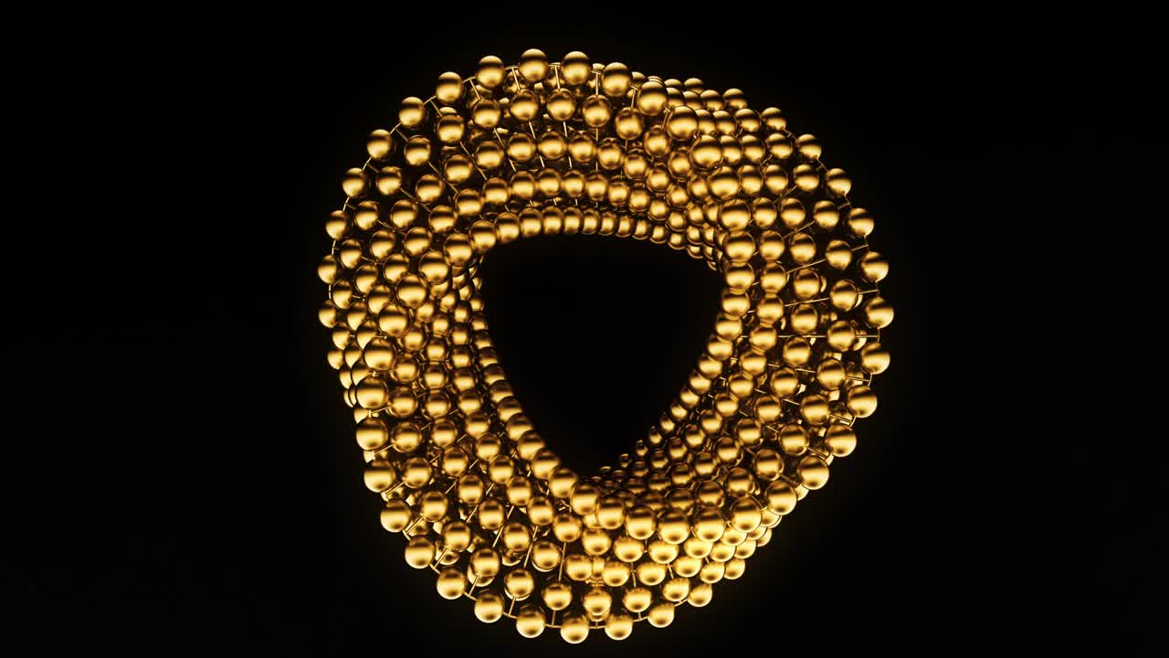 在黑色背景上由金色粒子和球组成的环形旋转图形。三维动画几何以抽象的三角形形式出现。视频下载