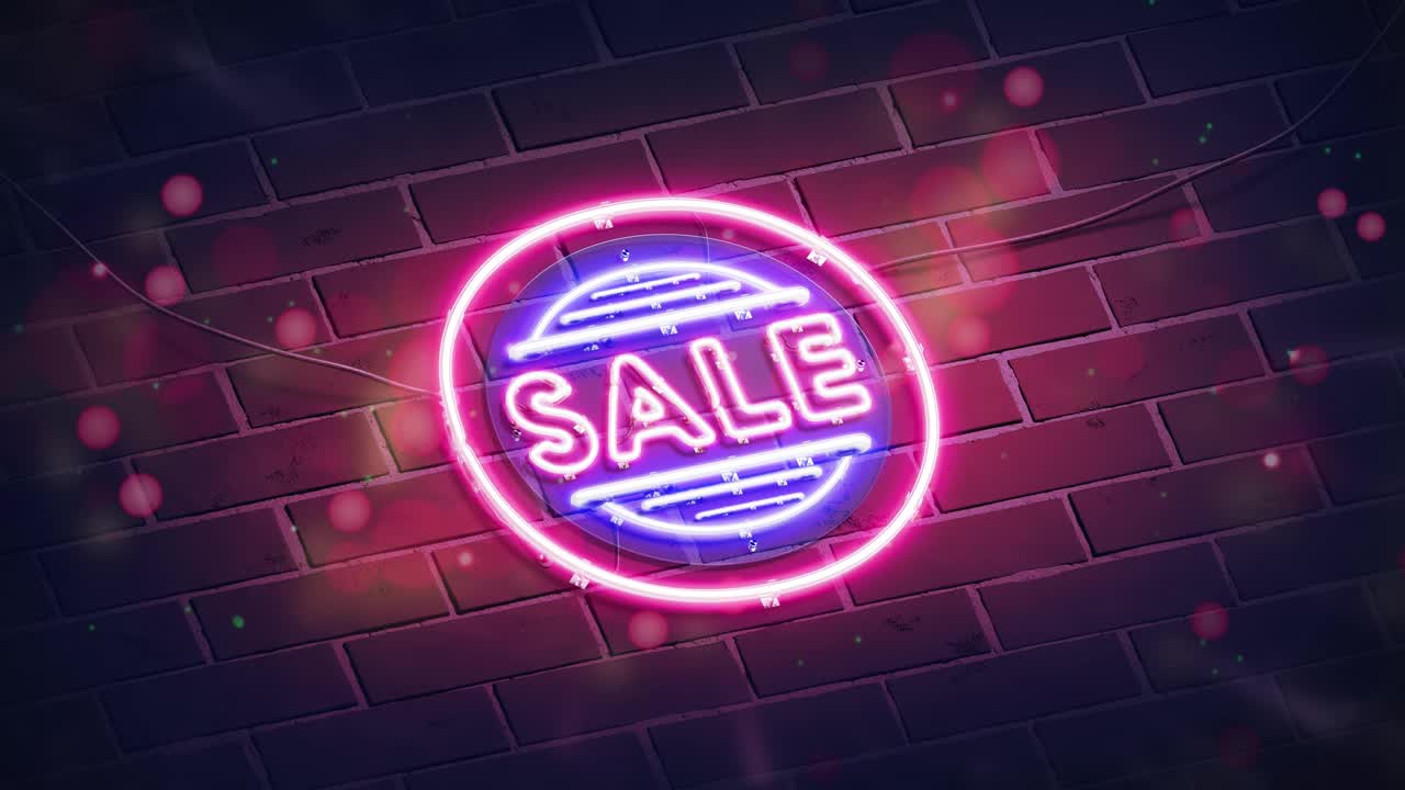 霓虹灯销售标志在暗砖墙发光的字体模型视频素材