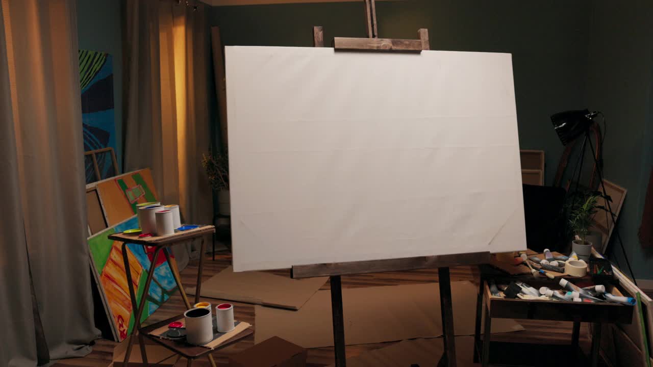 一个工作空间，一个画家的工作室，一个艺术家的大画架和一个在房间中央的画布。画布周围散落着颜料、刷子、纸板箱，一团乱视频下载