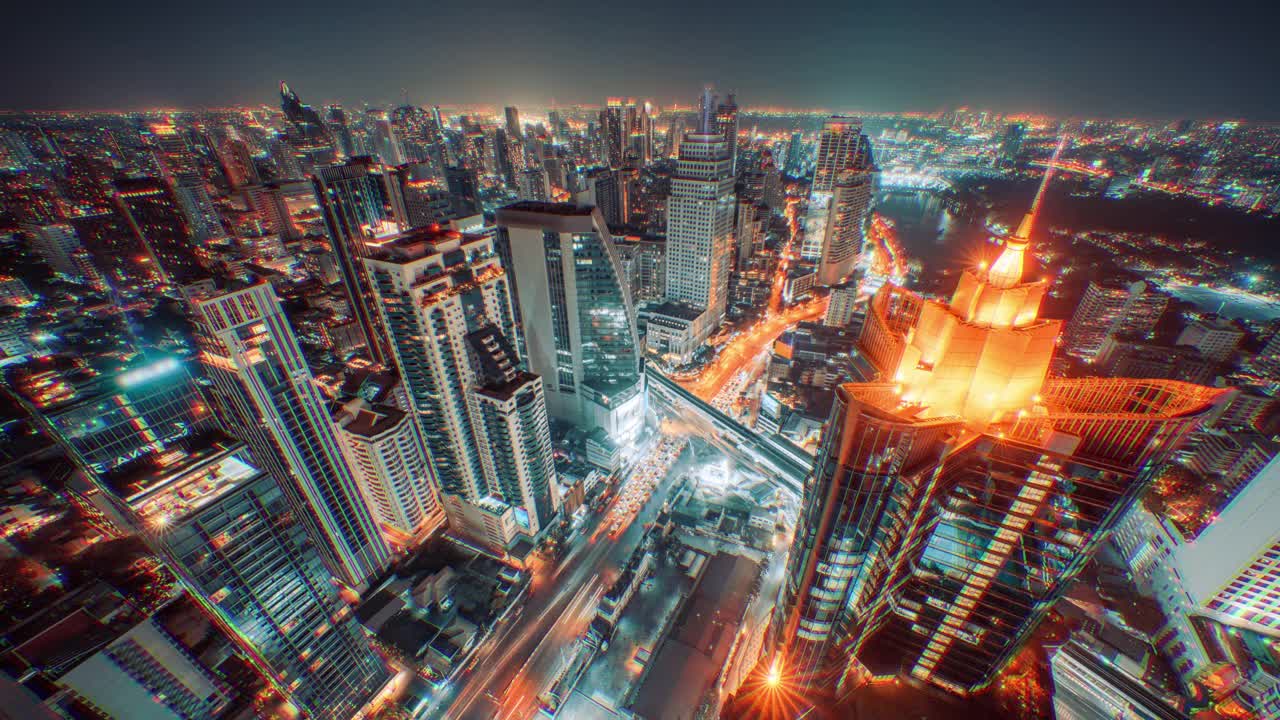 智能城市和metaverse概念，动态未来霓虹灯与现代城市景观视频素材