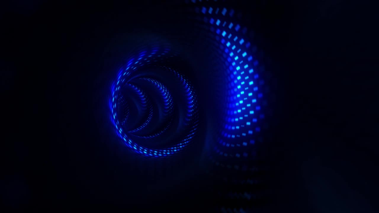 在隧道中，循环的深蓝色圆点数字未来主义发光的飞行线运动和照明光数字效果。未来主义的霓虹灯背景，紫外线发光线，激光，光速视频素材