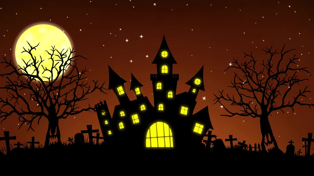 万圣节背景动画的概念闹鬼城堡，月亮和幽灵树视频素材