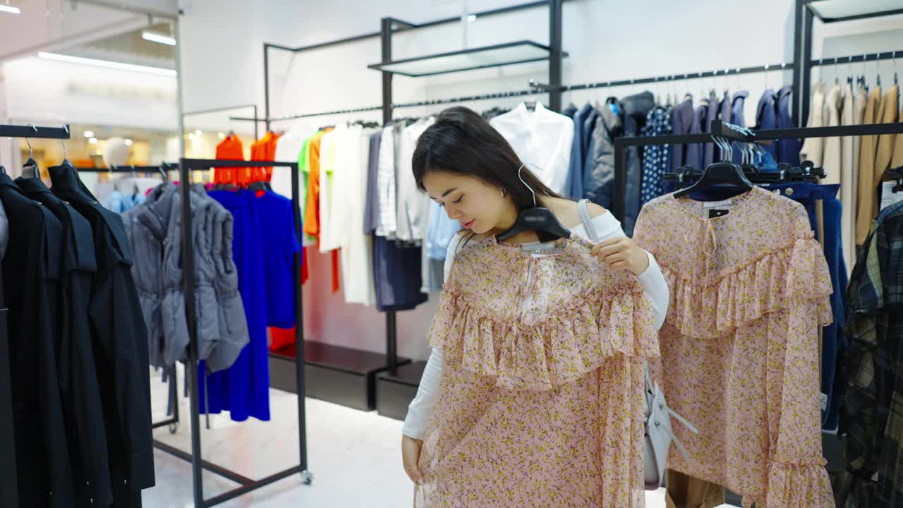 一名亚洲女子在时装店试穿衬衫视频下载