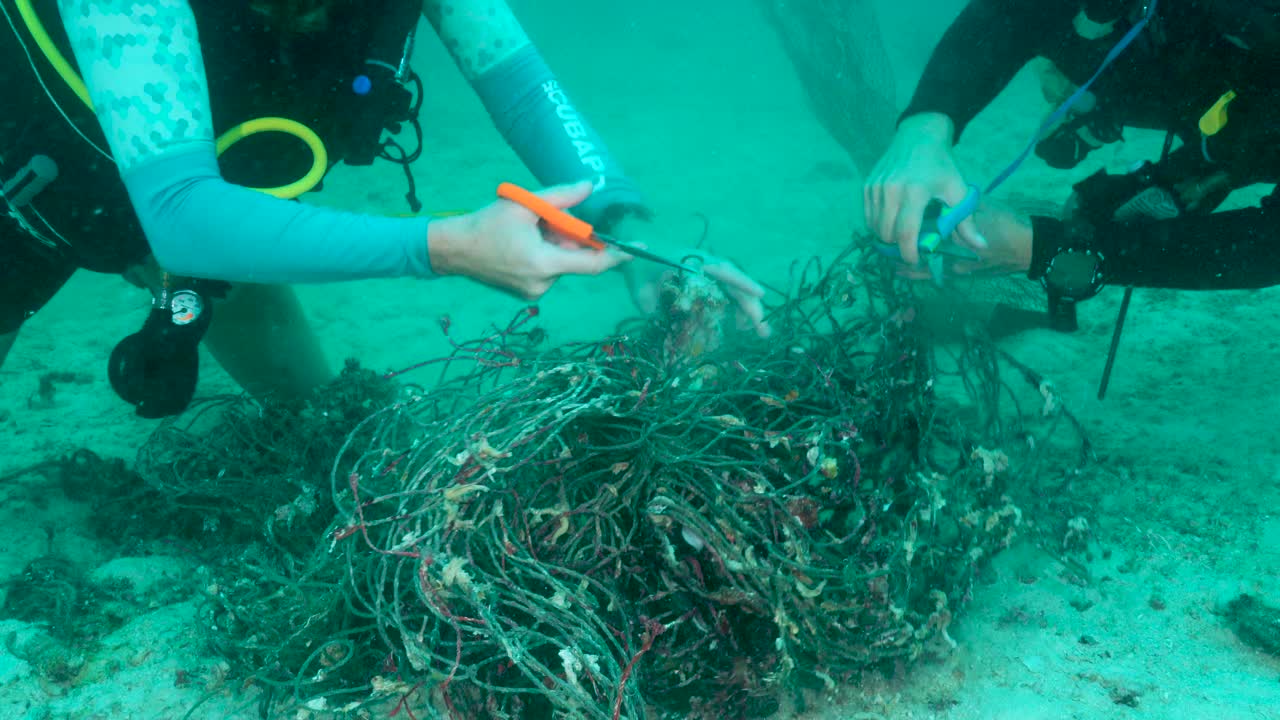 女人们小心翼翼地把珊瑚从渔网的纠缠中剪出来视频下载