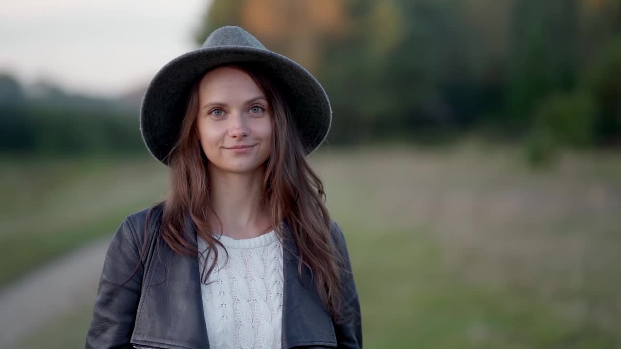 一个戴着帽子的女人走过公园，看着镜头，微微一笑视频下载