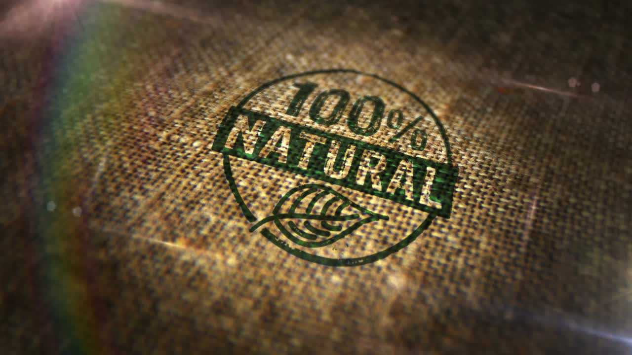 百分百自然符号标志印在麻袋动画上视频下载