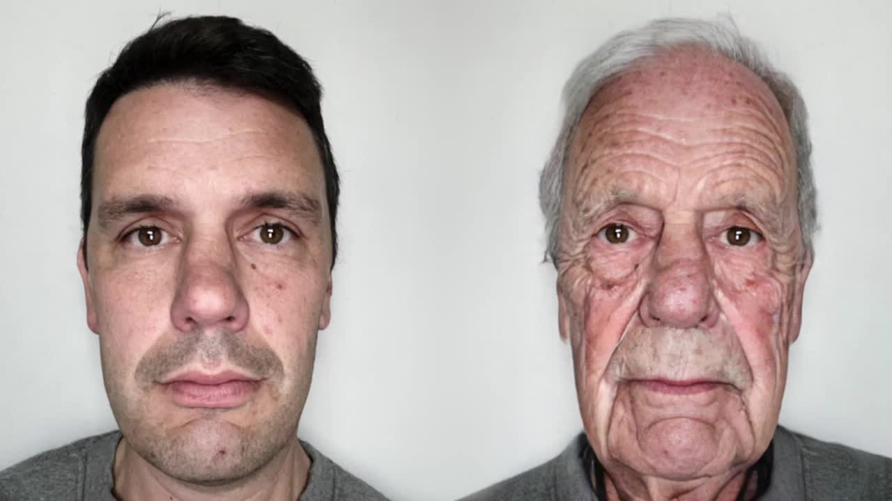 这是一个从30多岁的男性到90多岁的退休老人快速衰老的镜像视频素材
