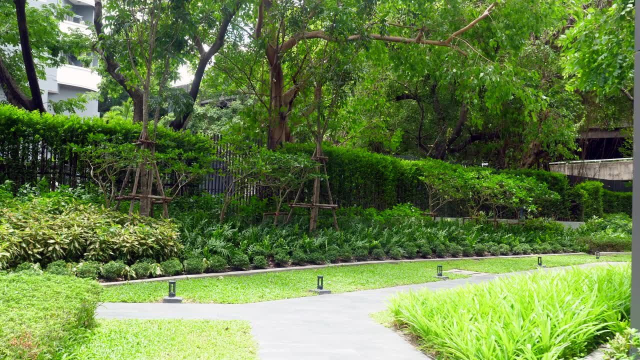 休息热带花园，绿化公园和住宅大厦走道视频下载