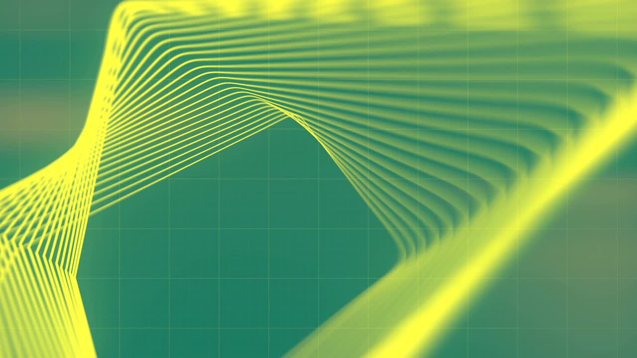 抽象技术黄线扭曲在绿色背景。数字无缝循环动画。3 d渲染。4K，超高清分辨率视频下载
