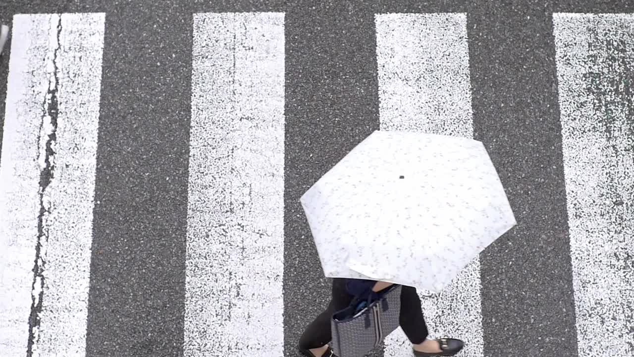 头顶拍摄的行人在雨中撑着彩色雨伞，慢镜头视频素材