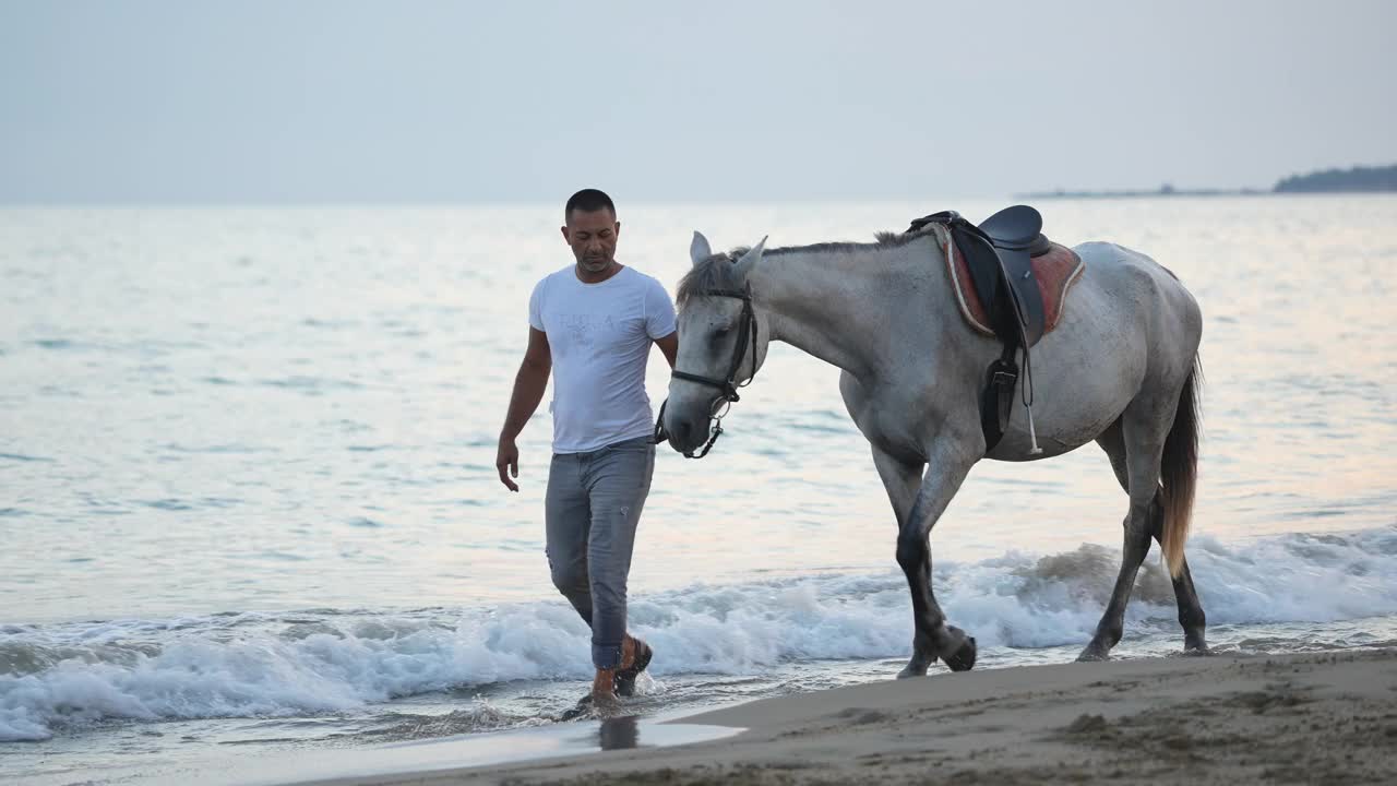 日落时分，一个男人和他的马在海滩上消磨时光。视频下载