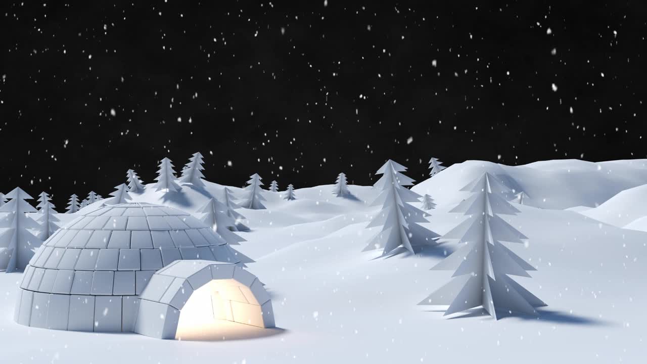 动画雪落在冬季景观与冰屋视频素材