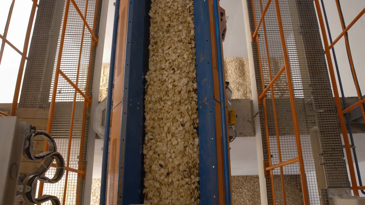 木材加工厂的生产厂房，在其中木片被运送视频素材