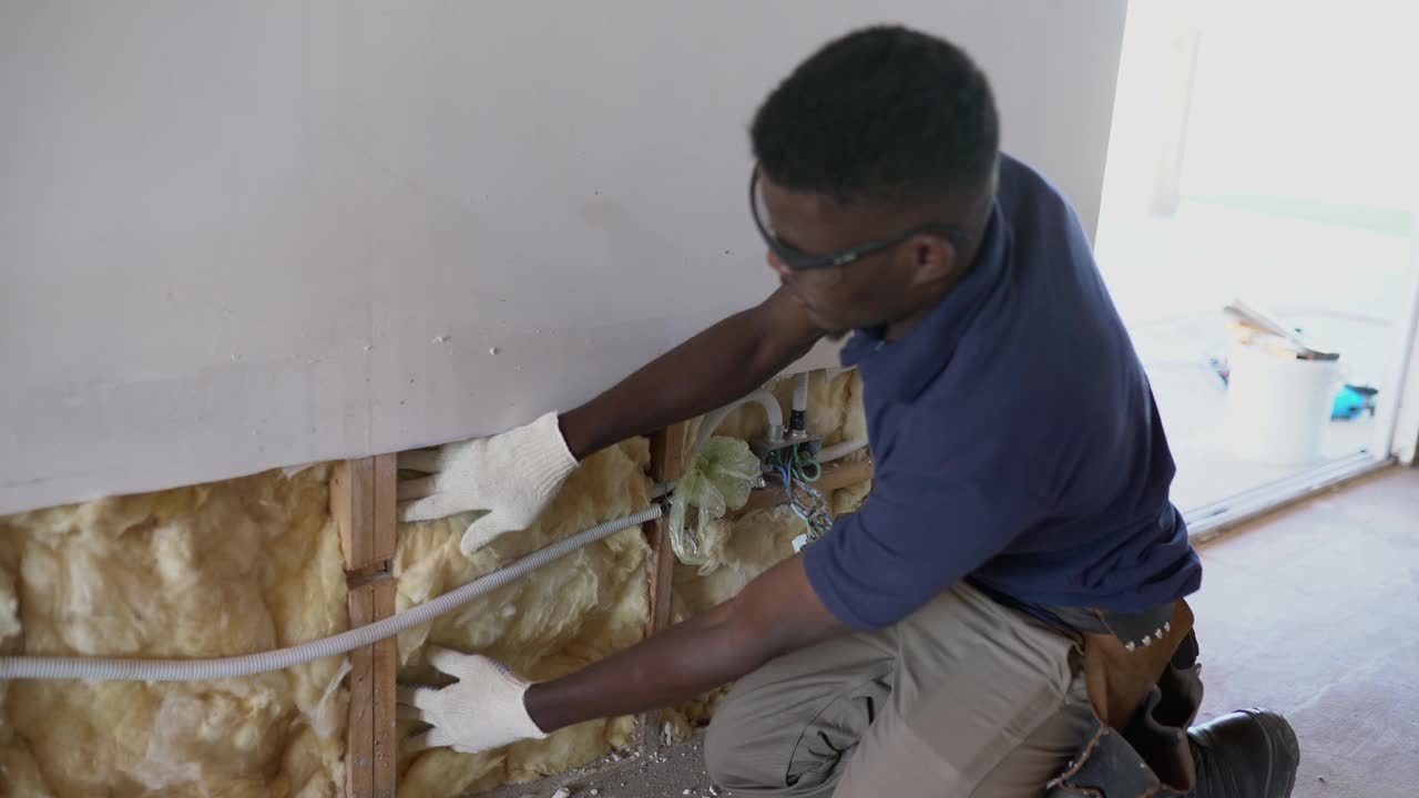 非裔美国建筑工人在建造木结构房屋时，正在墙板上安装玻璃纤维绝缘材料视频下载