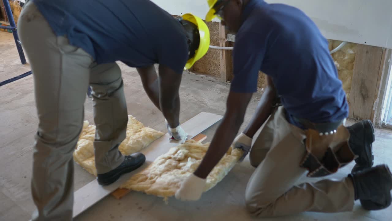 非裔美国建筑工人在建造木结构房屋时切割一块玻璃纤维绝缘材料视频下载