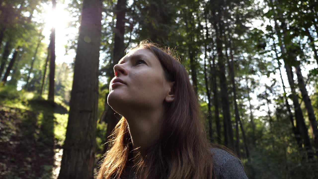 年轻的女人仰望着森林里的树叶，阳光透过树叶，女人沉思着大自然视频素材