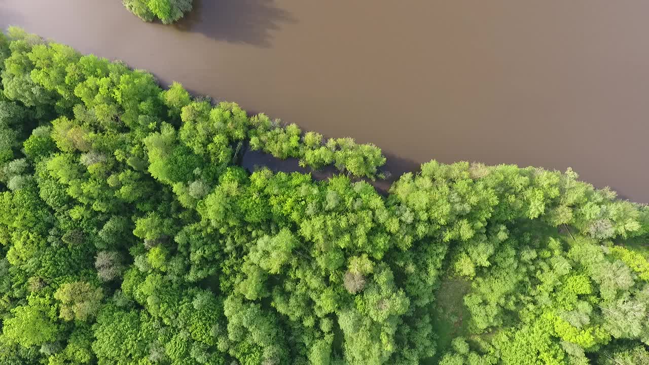 从无人机上看。在森林里的湖里有个小岛。视频素材