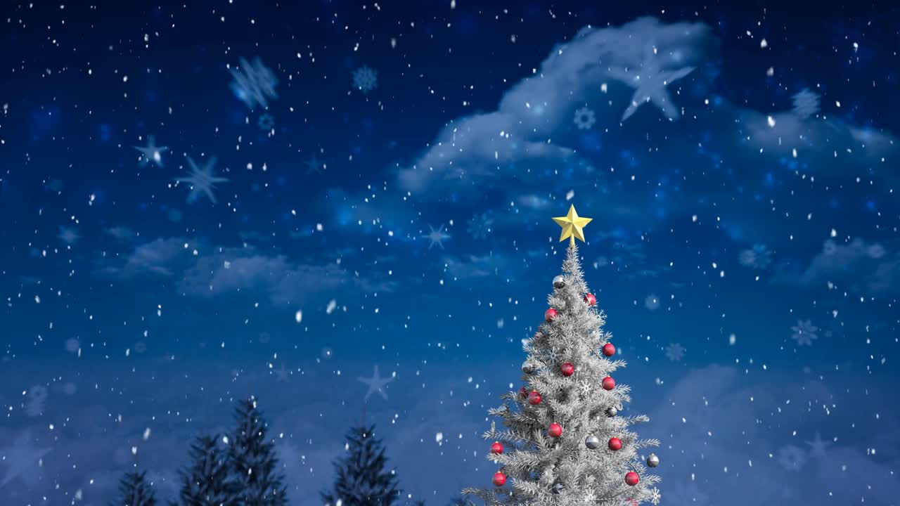 雪花飘落在圣诞树上，冬日的风景映衬着夜空视频素材