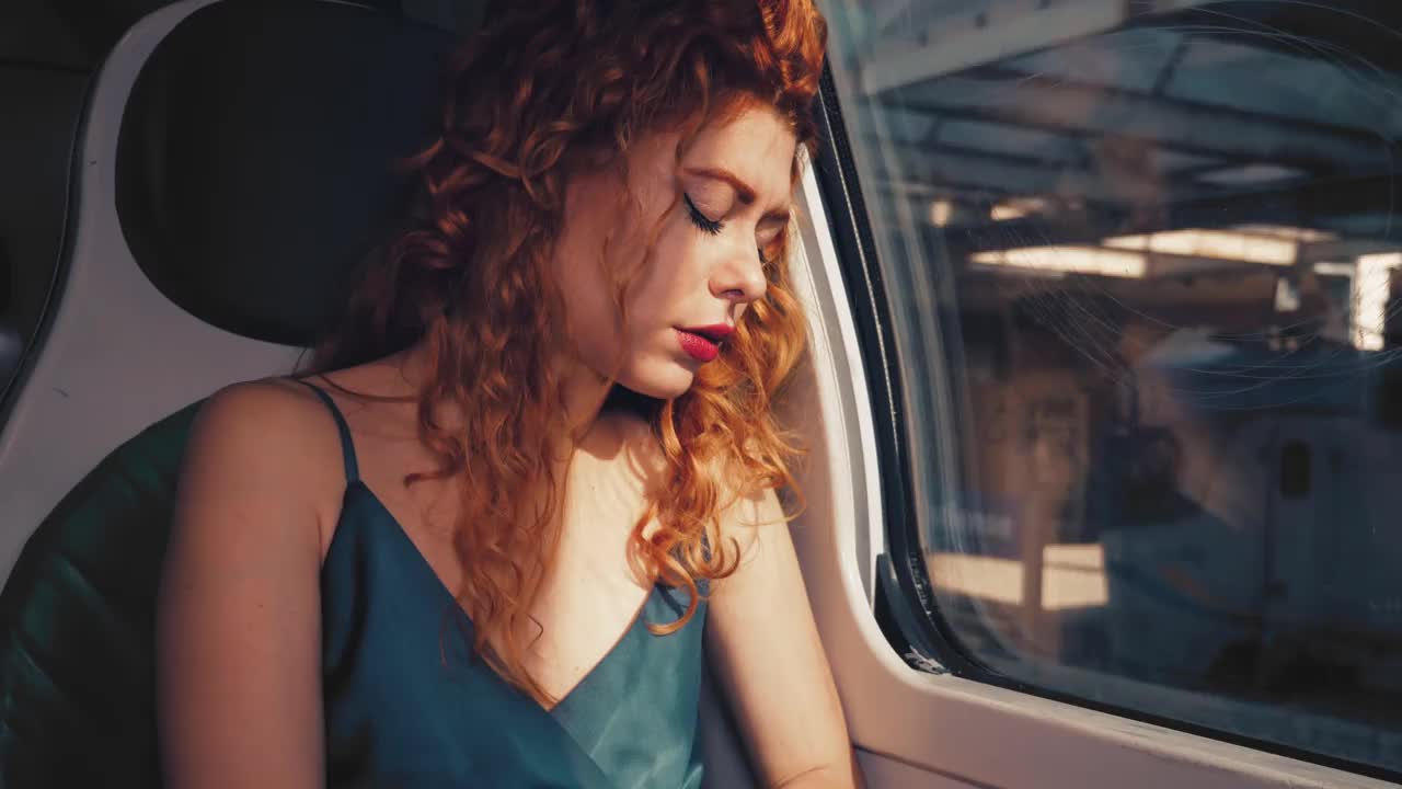 在火车上睡觉——一个女人在火车上醒来，意识到她必须下车了视频素材