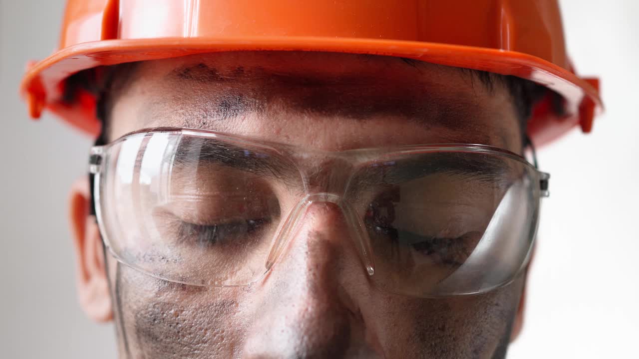 肖像肮脏疲倦的男建筑工人在工作头盔和眼镜看相机视频素材