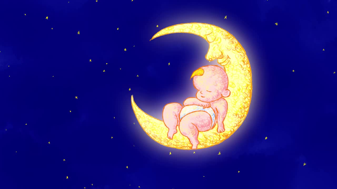 婴儿睡在月球上4K高清动画。一闪一闪小星星就寝歌曲背景视频视频下载