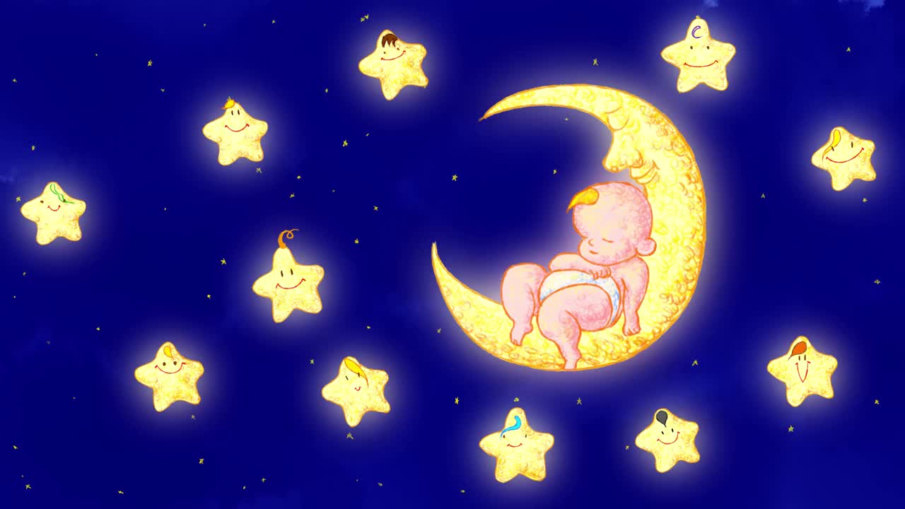 婴儿睡在月球上4K高清动画。睡前故事《一闪一闪小星星》手绘动画。夜间背景下降视频视频下载
