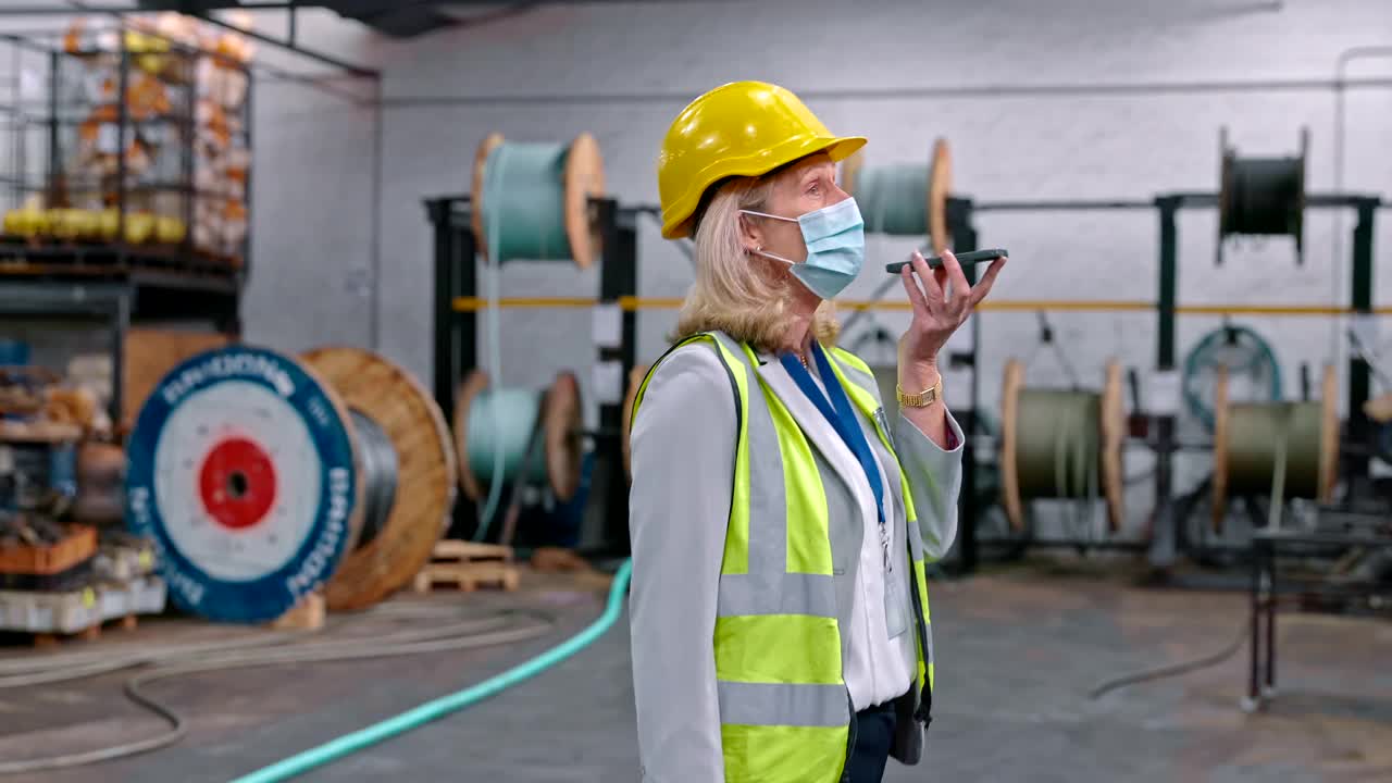 一段4k视频显示一名成年女性戴着口罩在仓库工作时使用手机视频素材