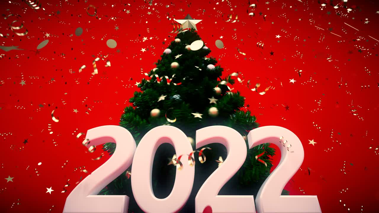 循环2022年新年概念与圣诞树和泼洒彩纸在红色背景视频下载