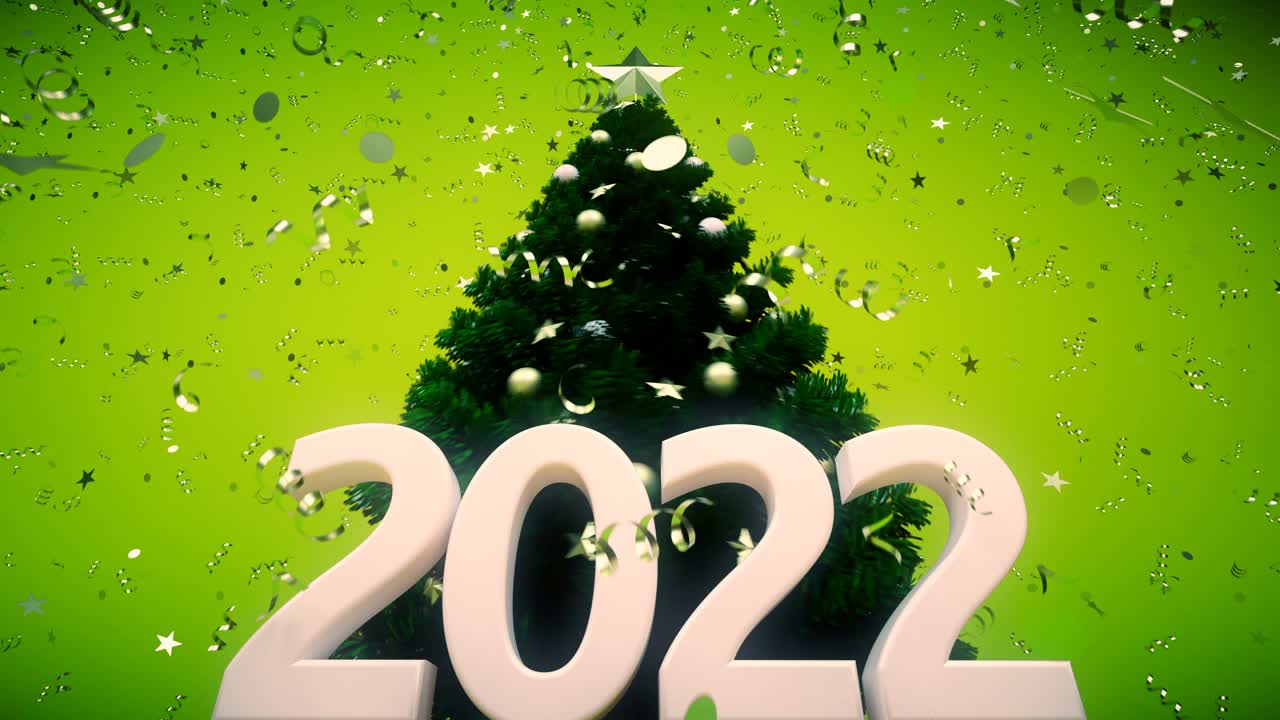 循环2022年新年概念与圣诞树和倒五彩纸屑在绿色背景视频下载