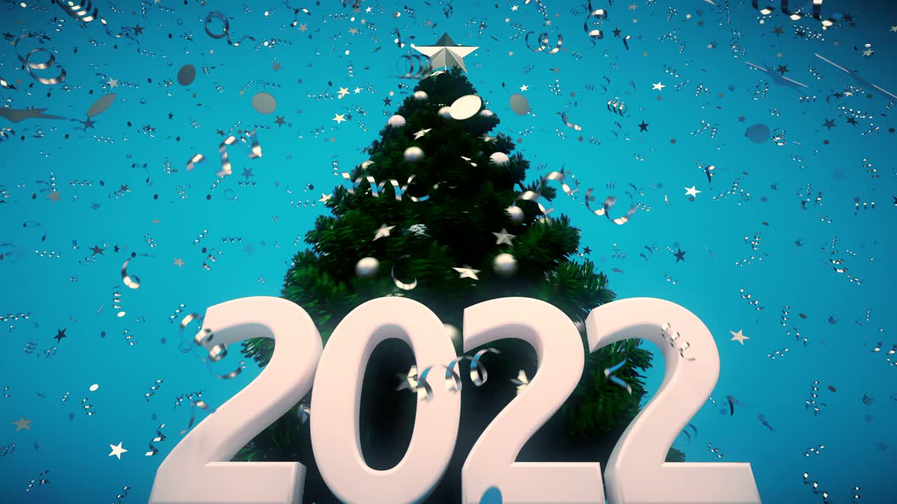 循环2022年新年概念与圣诞树和泼洒彩纸在蓝色背景视频下载