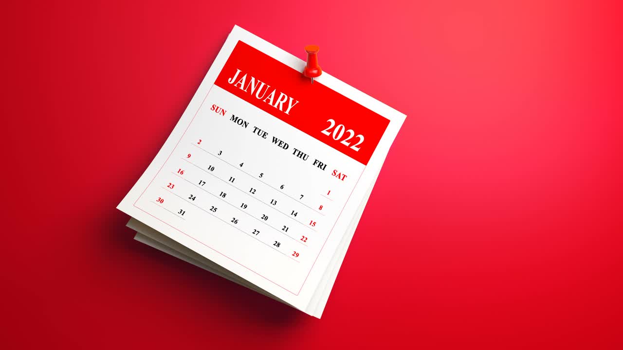 循环摇摆一月日历2022在红色背景视频下载