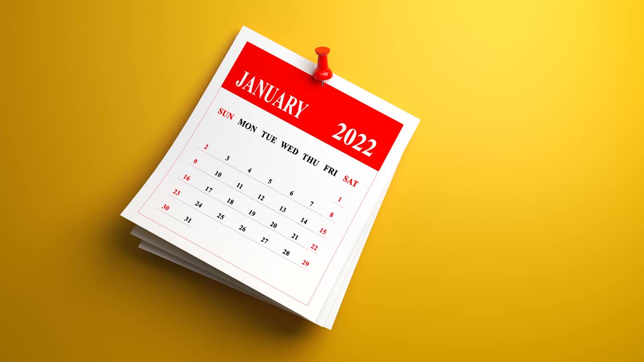 在黄色背景上循环摇摆2022年1月日历视频下载
