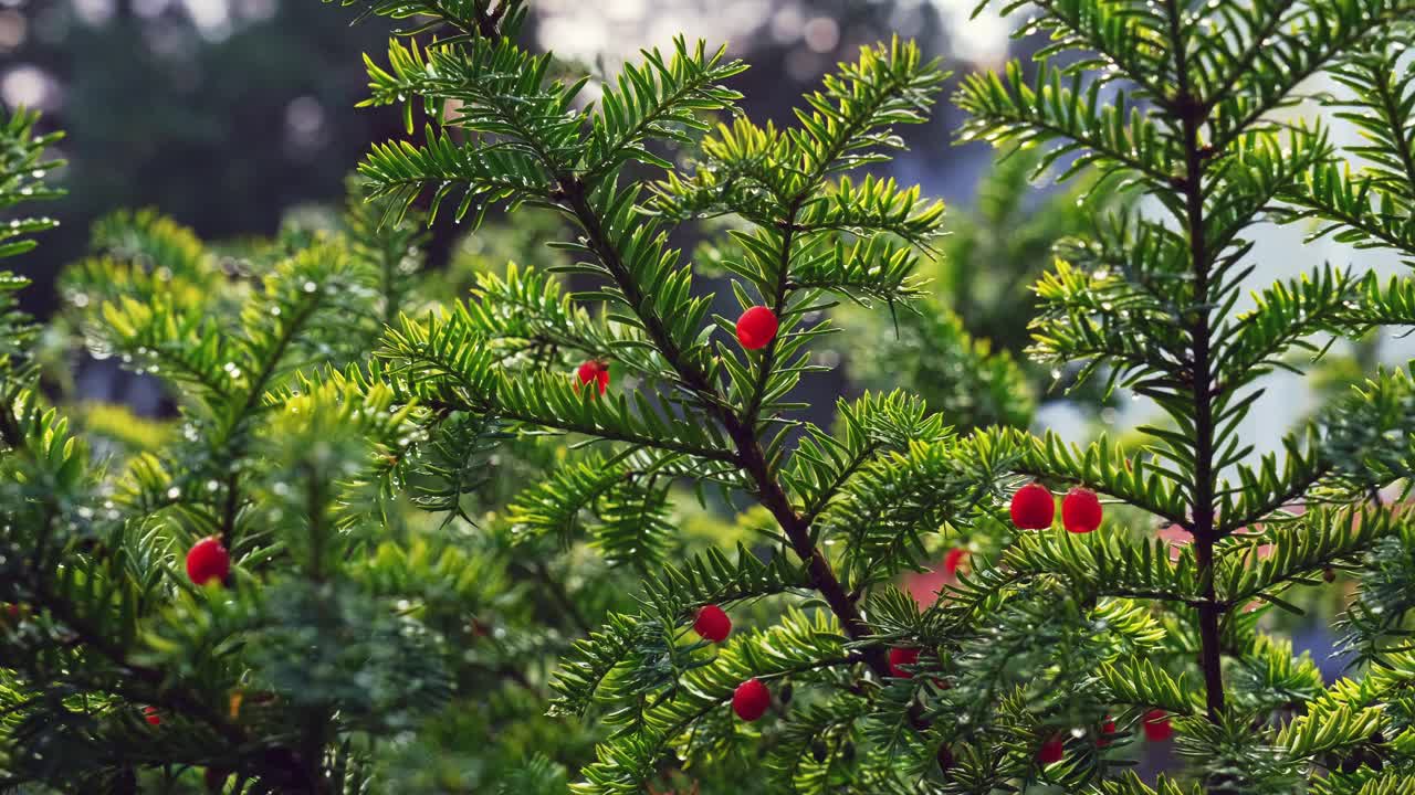露珠与成熟的红色浆果果实挂在绿色树枝上的欧洲英国普通紫杉视频下载