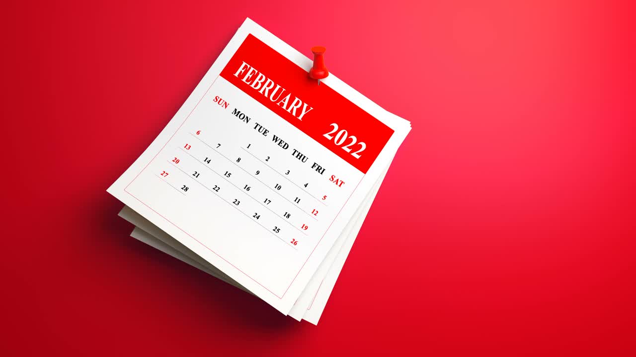 循环摇摆二月日历2022在红色背景视频下载