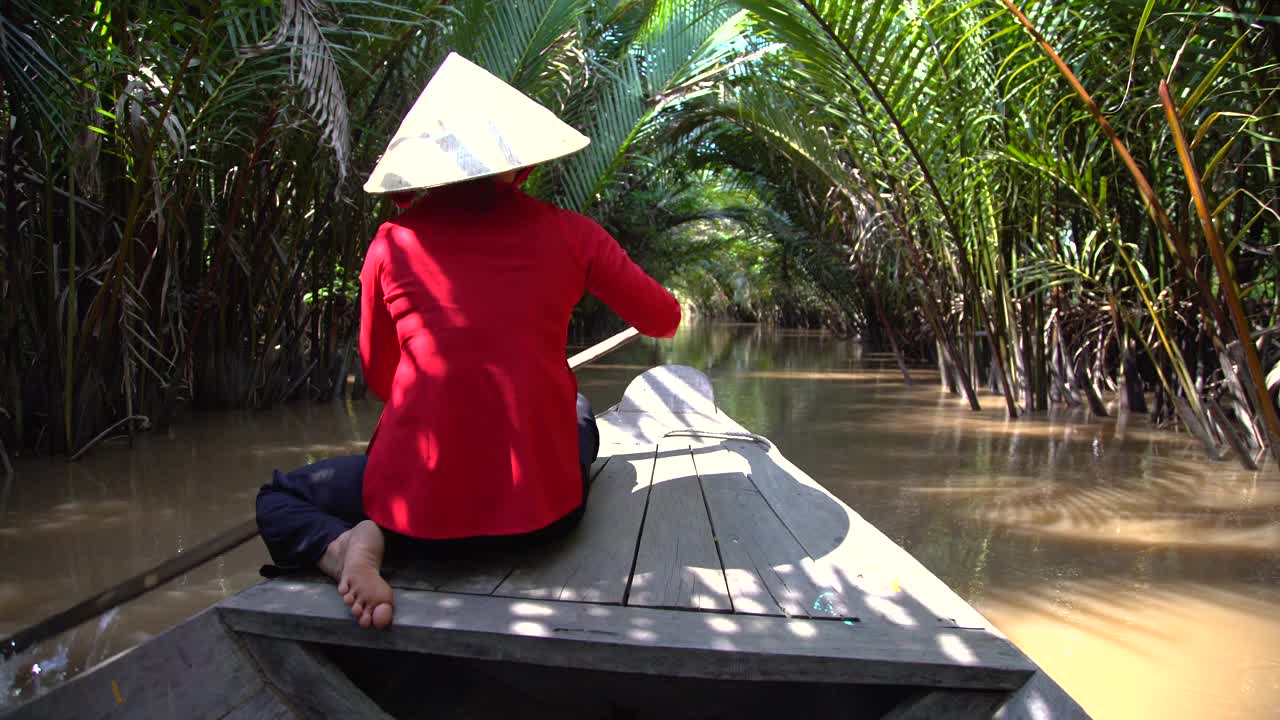 传统河流运输途径越南湄公河三角洲雨林视频素材