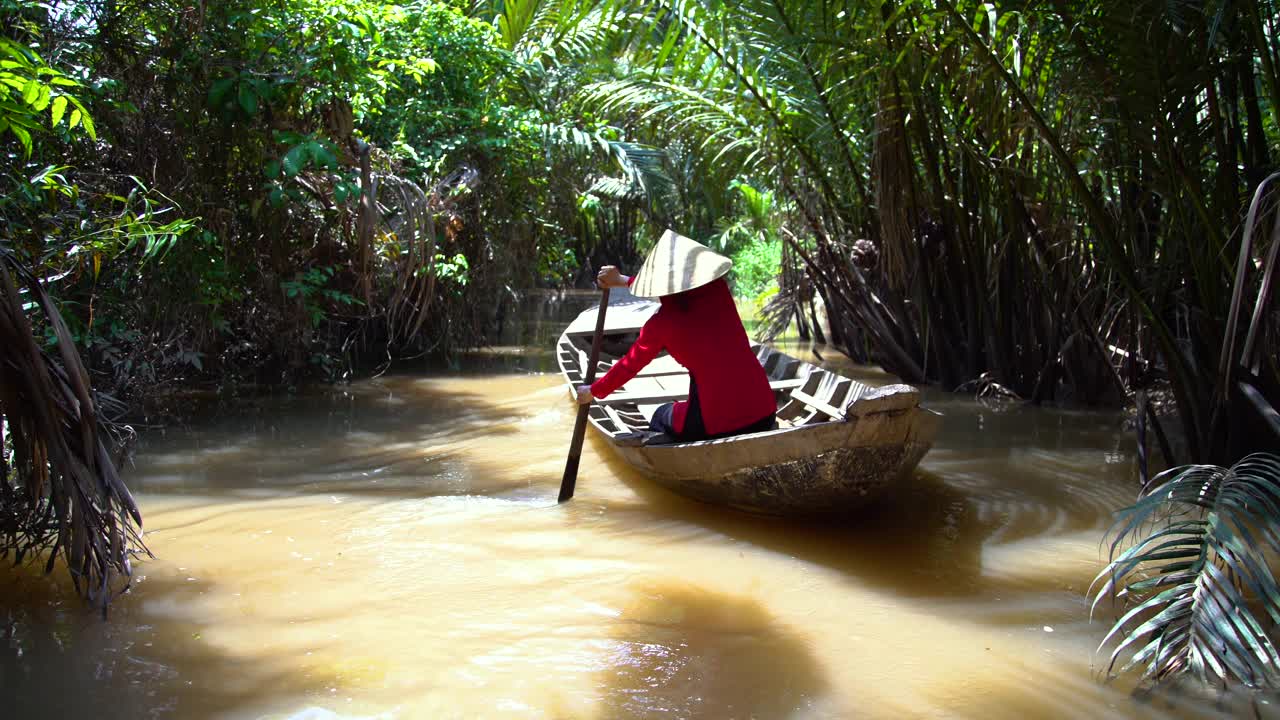 女子划着木船沿着丛林运河越南视频素材