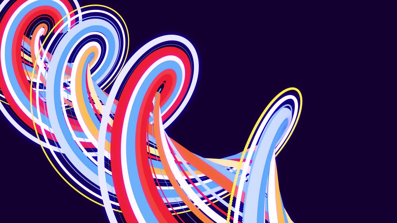 抽象的彩色粒子和线扭曲成螺旋状循环旋转。循环动画作为曲线和粒子的运动设计背景。美丽的丝带。亮度不光滑的视频素材