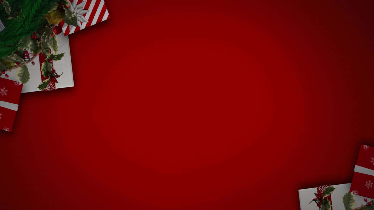 雪花飘落在圣诞花环和红色背景下的礼物上视频素材